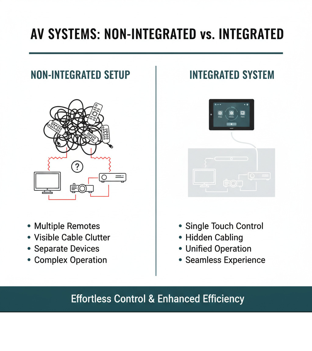 Infographic showing the difference between non-integrated AV setup with multiple remotes, visible cables, and separate devices versus integrated AV system with single touch panel control, hidden cabling, and unified operation - audio visual systems integration infographic Infographic showing the difference between non-integrated AV setup with multiple remotes, visible cables, and separate devices versus integrated AV system with single touch panel control, hidden cabling, and unified operation - audio visual systems integration infographic