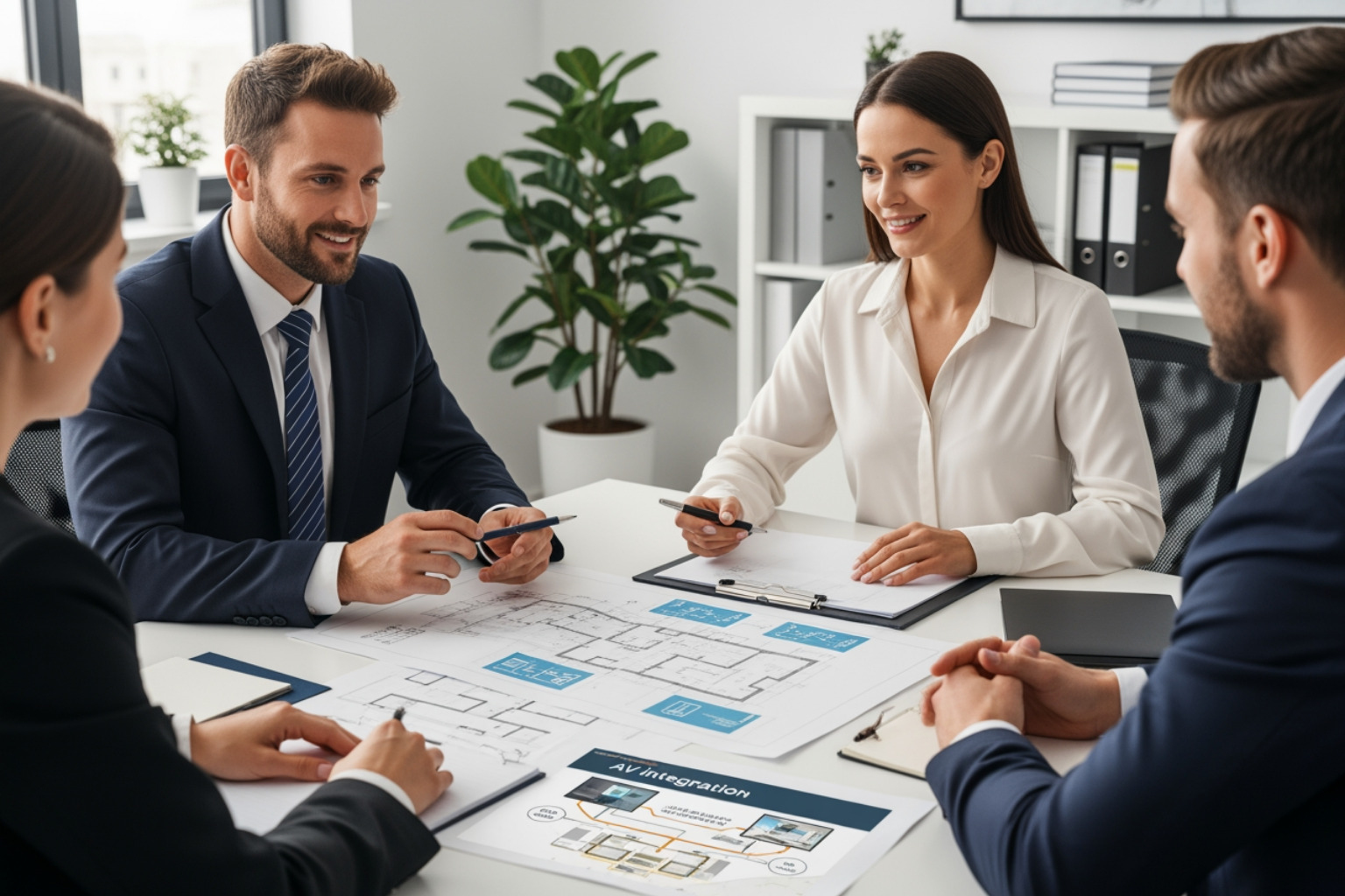 A consultation meeting between a client and an integration expert, with architectural plans and technology diagrams on the table. - audio visual systems integration A consultation meeting between a client and an integration expert, with architectural plans and technology diagrams on the table. - audio visual systems integration