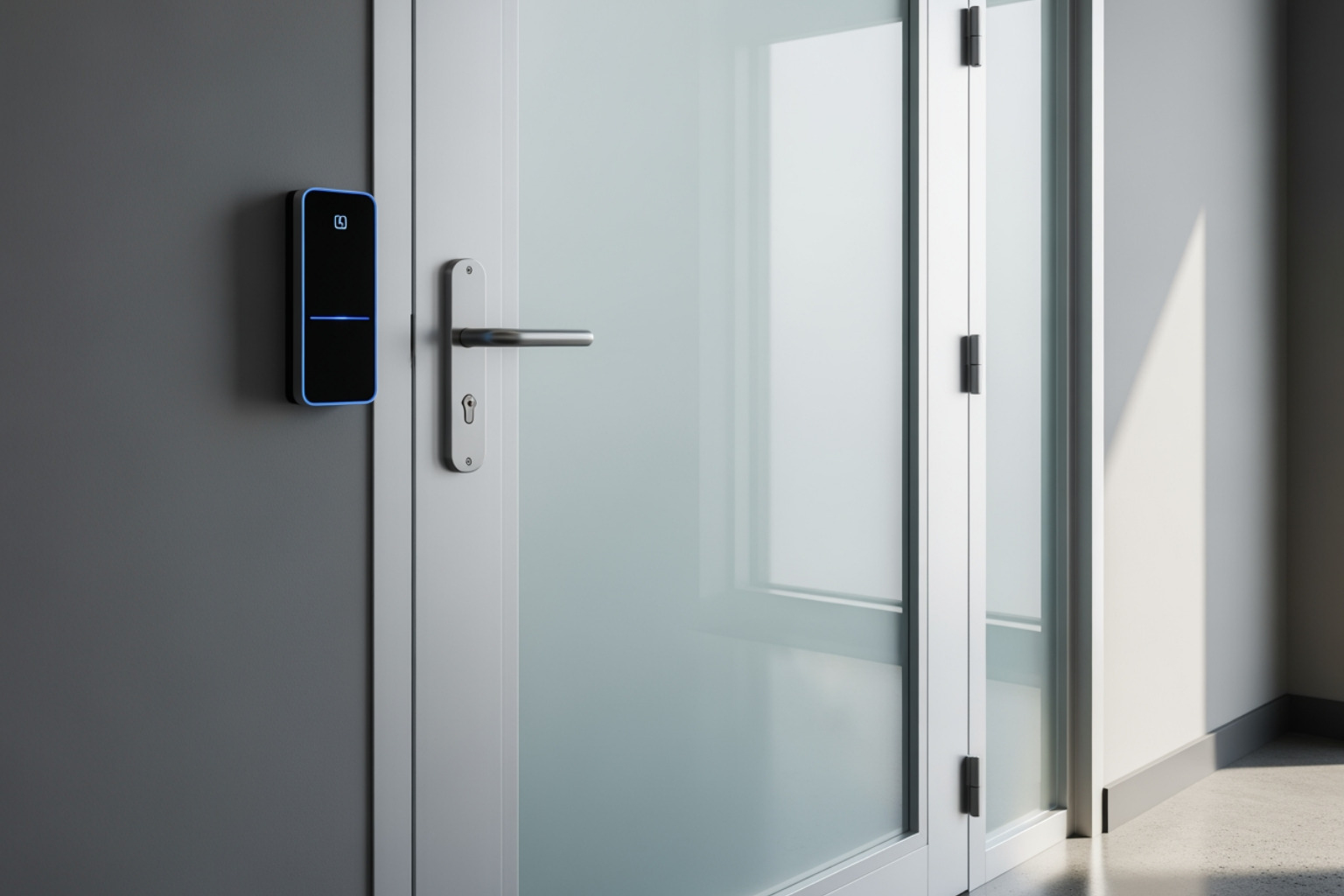 An access control reader at a modern office door. An access control reader at a modern office door.