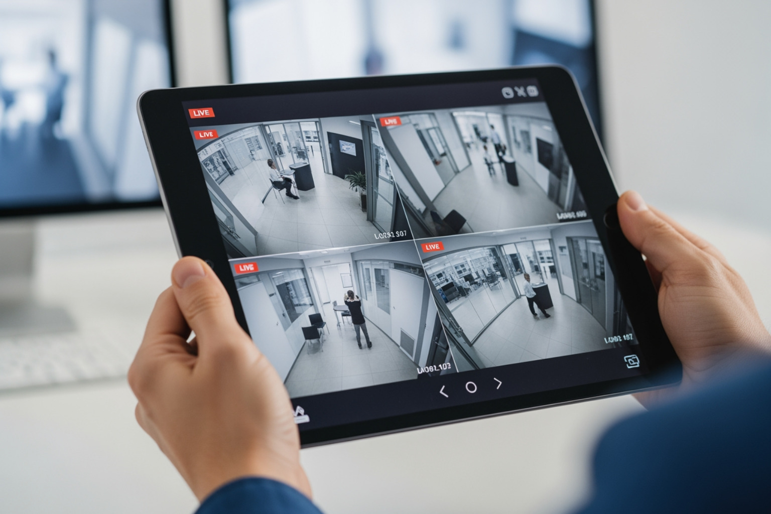 CCTV cameras monitored from a dashboard on a tablet. CCTV cameras monitored from a dashboard on a tablet.
