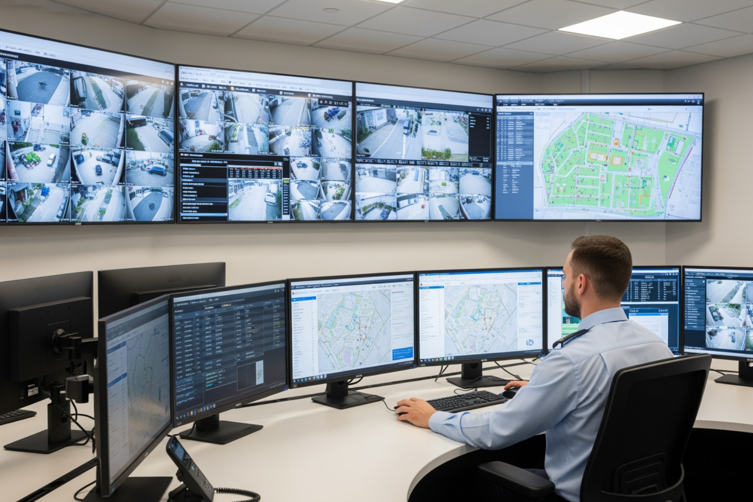 A modern security control room with a professional monitoring multiple large screens displaying live CCTV feeds, access control logs, and interactive site maps.