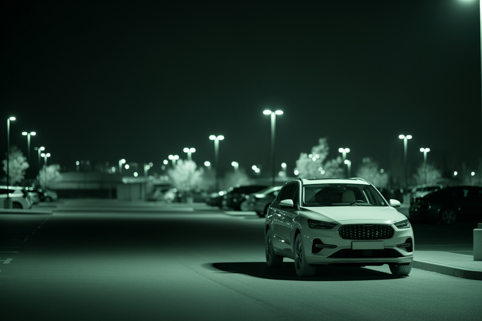 A clear night vision camera view of a car park at night, showing a single vehicle in sharp focus with subtle infrared illumination.