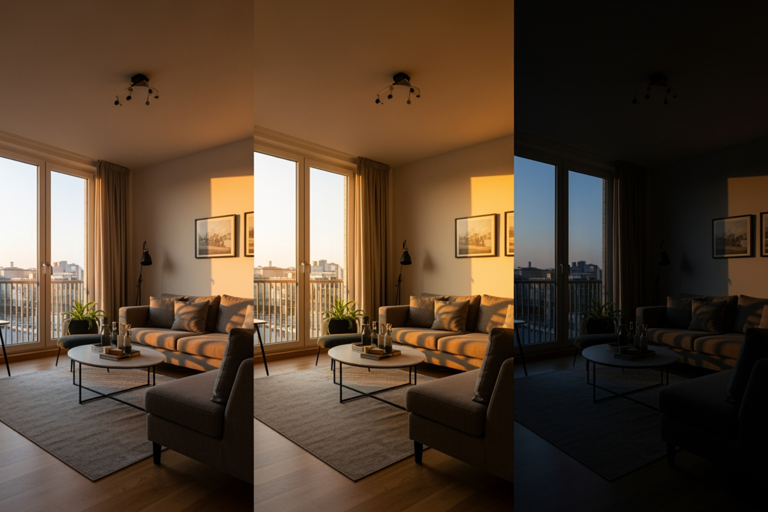 A living room in different times of the day: morning, sunset, and evening.