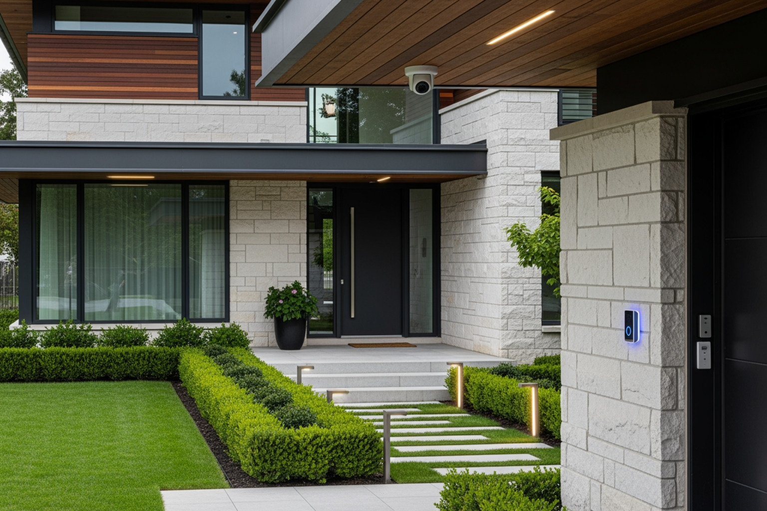 Modern and secure home exterior with smart security features.
