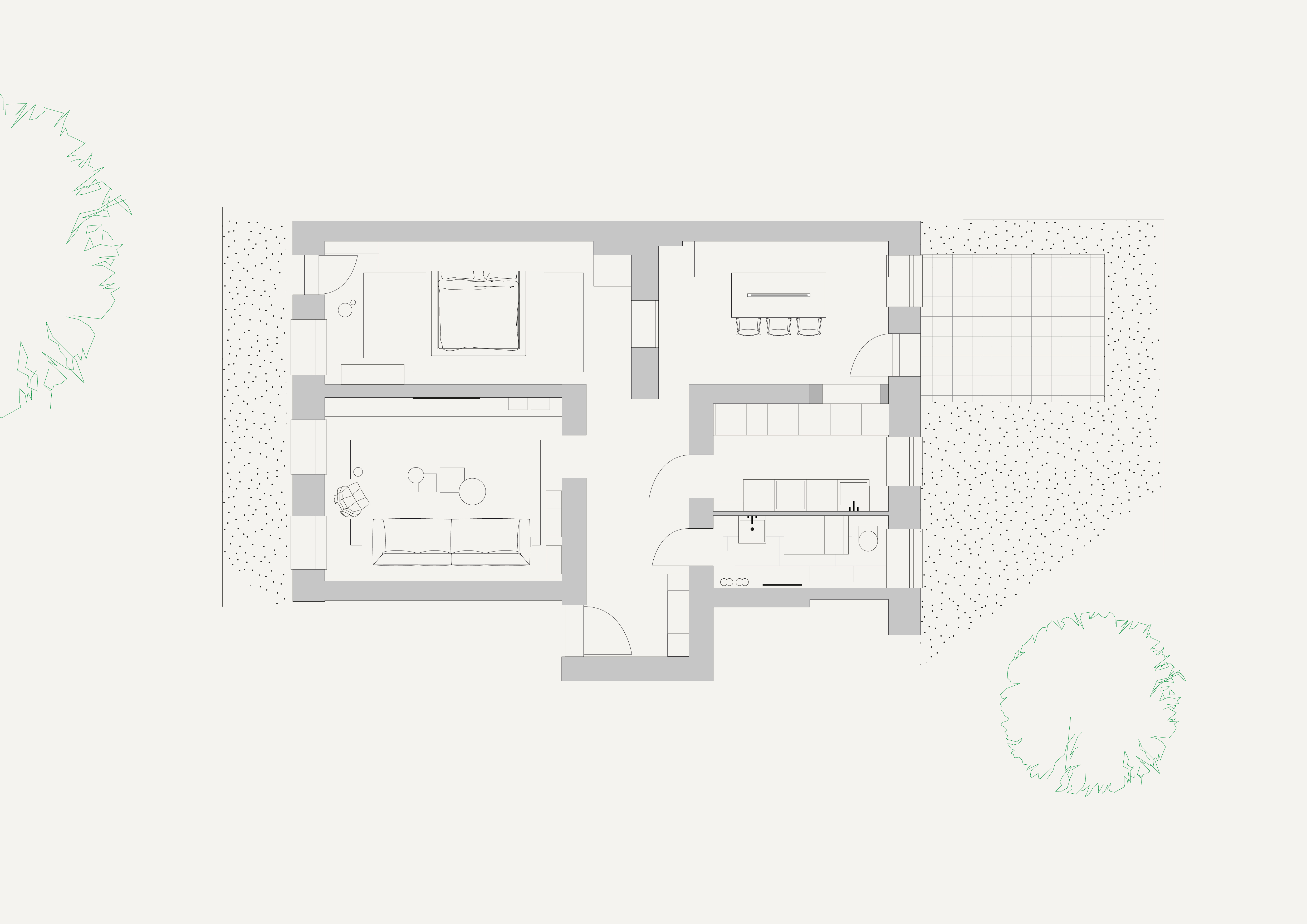 Grundriss eines Hauses mit Schlafzimmer, Wohnzimmer, Essbereich, Küche und Bad mit Terrasse und Garten.