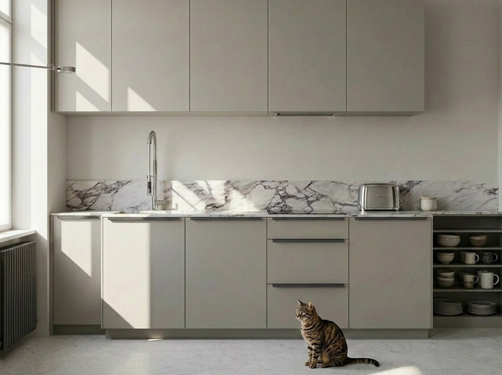 Moderne minimalistische Küche mit grauen Schränken, Marmorarbeitsplatte und sitzender gestreifter Katze.
