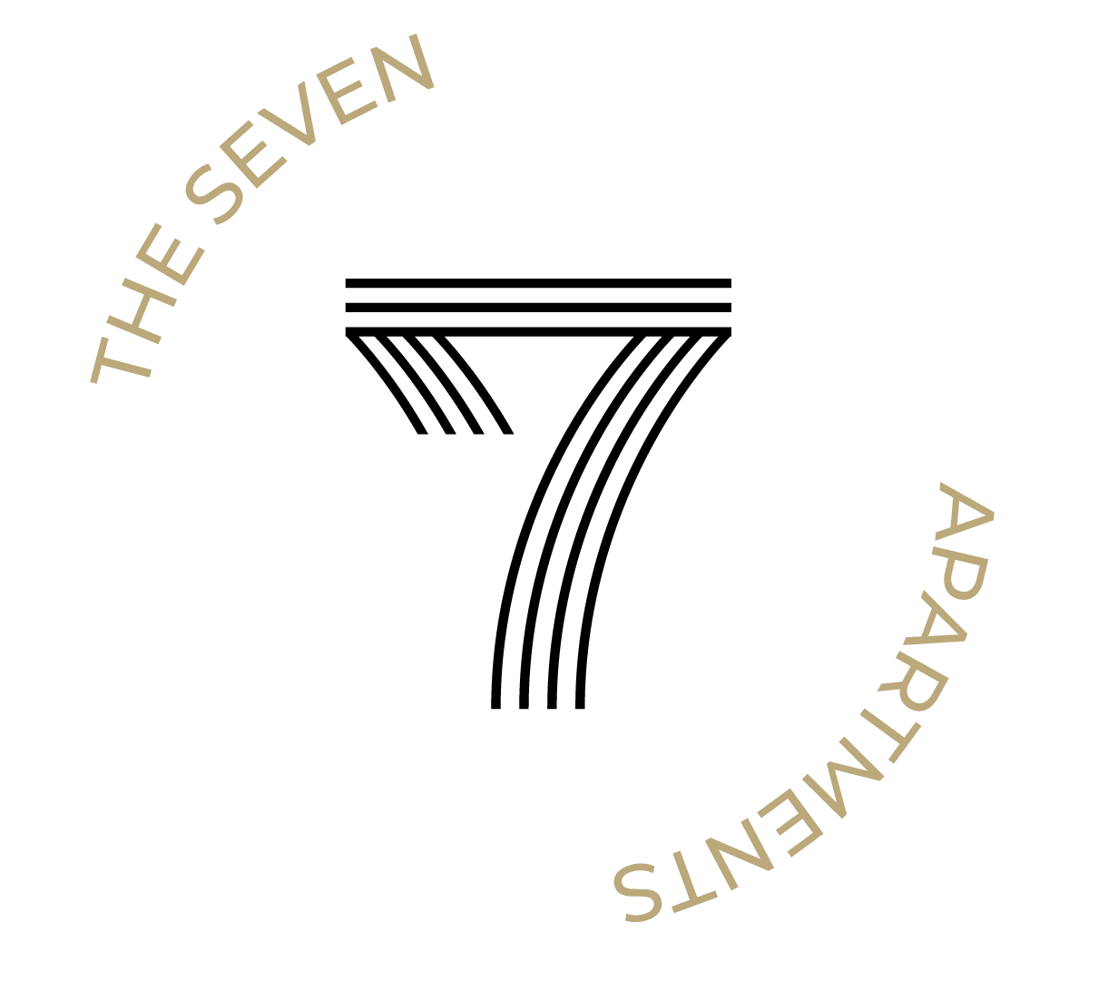 Das Bild zeigt das Seven Stones Apartments Logo mit einem weißen Kreis und einer 7 bestehend aus Linien.