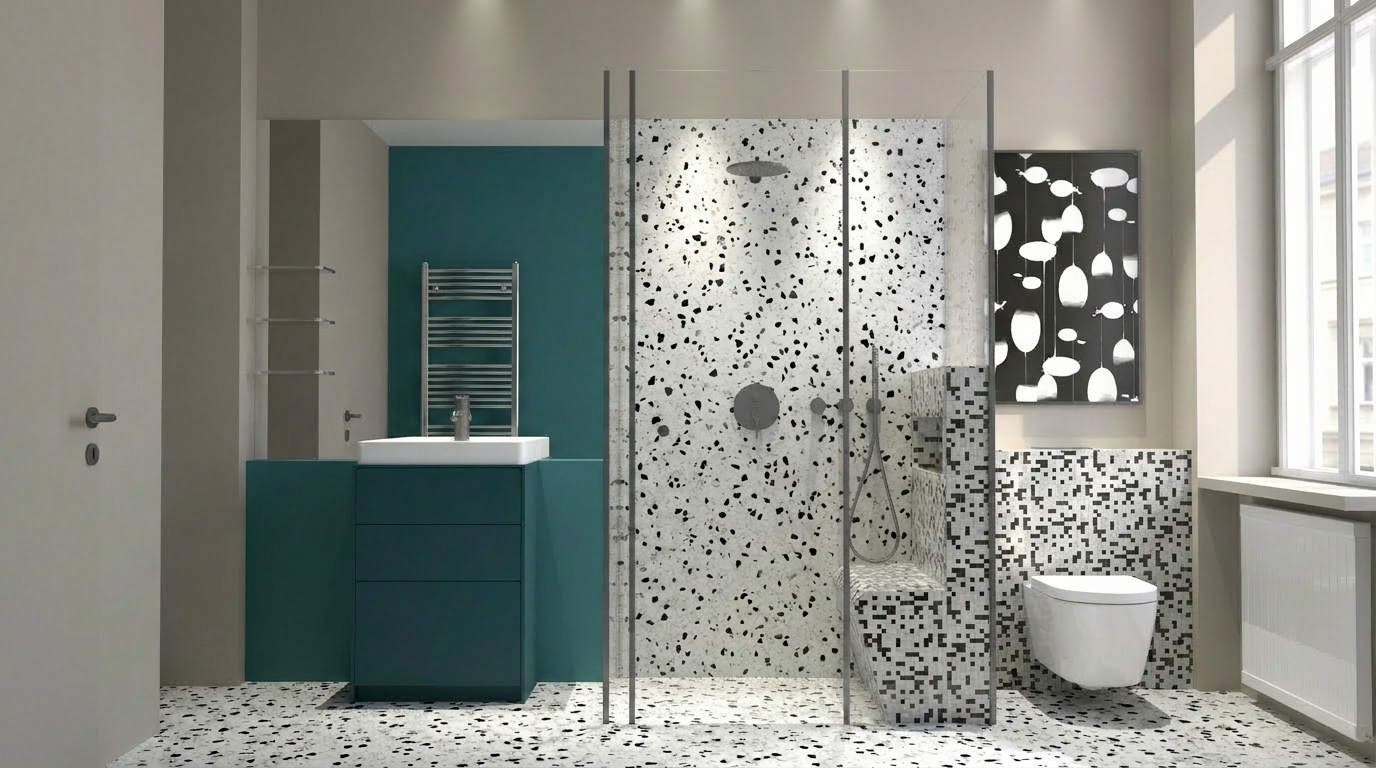 Modernes Bad mit weißen und schwarzen Terrazzo-Fliesen, Glasdusche, grünem Waschbeckenunterschrank und WC.