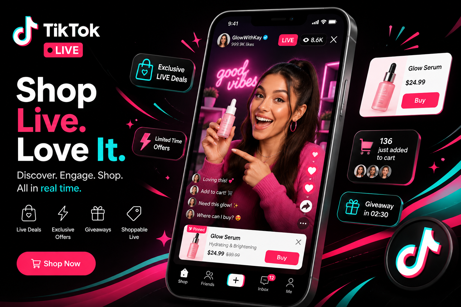 TikTok Shop LIVE Agentur: Livestream-Studio mit LIVE-Badge und Produktkarte
