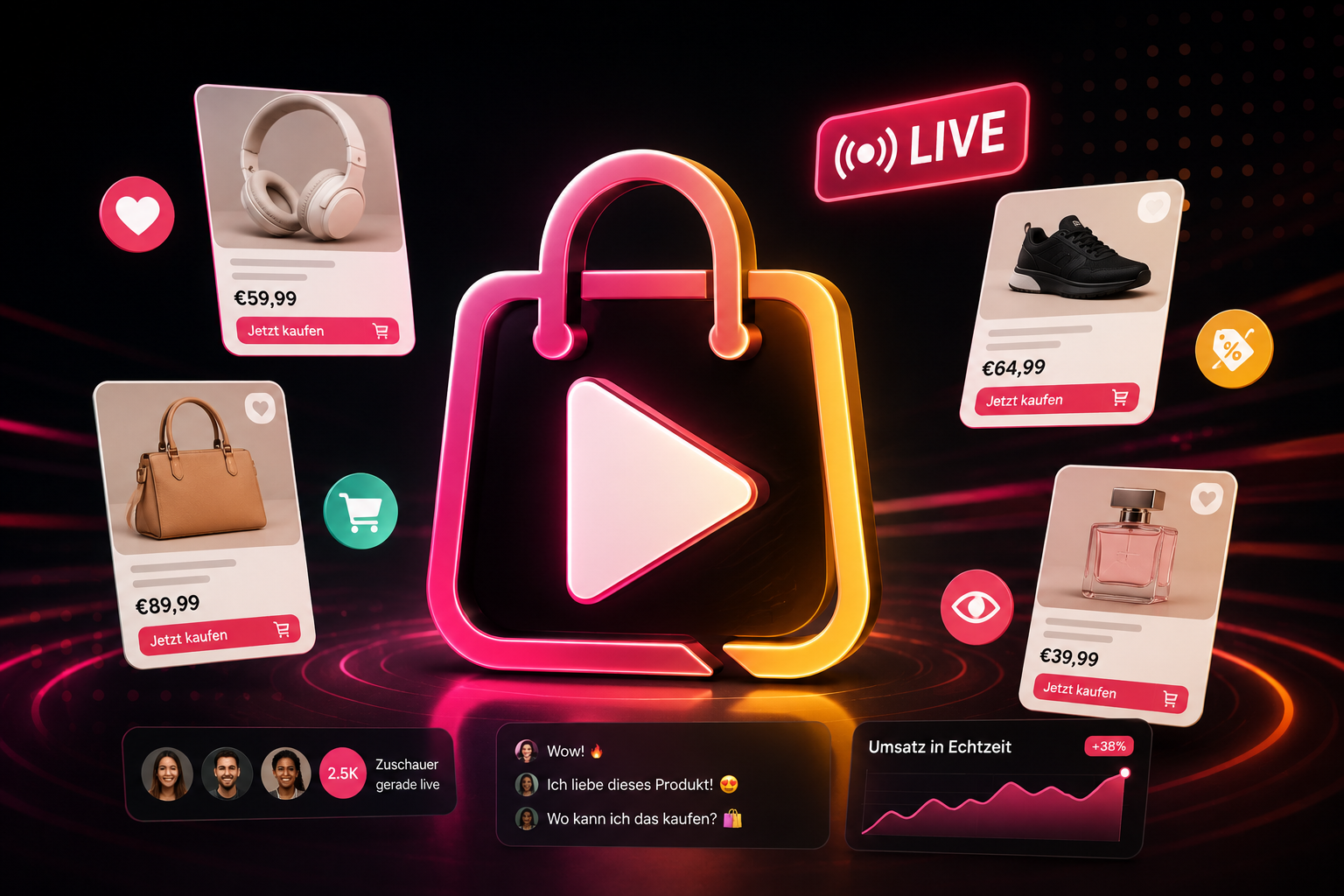 Social Commerce Play-Button verschmilzt mit Einkaufstasche