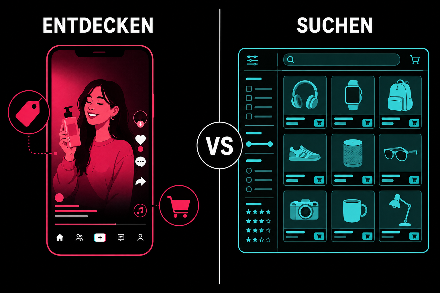 Split-Screen-Vergleich: TikTok Shop als Entdeckungsplattform gegenüber einem klassischen Marktplatz-Raster als Suchplattform