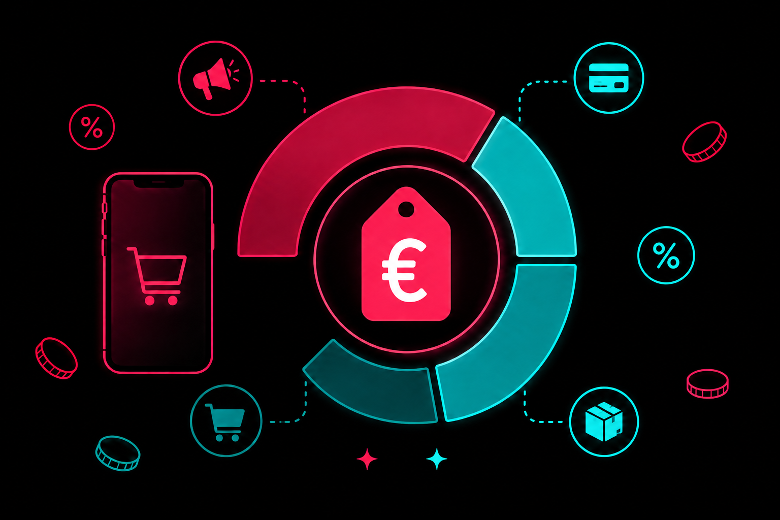 TikTok Shop Gebühren: Ringdiagramm zur Kostenaufteilung eines Verkaufs mit Euro-Preisschild, Warenkorb, Prozentzeichen und Versandpaket