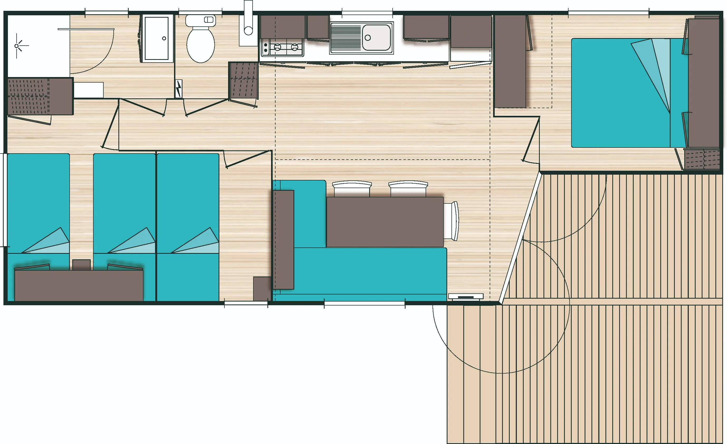 plan terrasse intégrée et implantation centrale mobil home o'hara mobilhome terrasse intégrée mobil home occasion mobil home rénové mobil home révisé msmh mobil home livraison gratuite