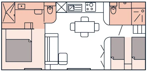 plan implantation centrale une chambre une salle de bain de chaque côté de la pièce de vie mobil home taos mobil home bois mobil home occasion msmh mobil home mobil home livraison gratuite mobil home révisé mobil home rénové