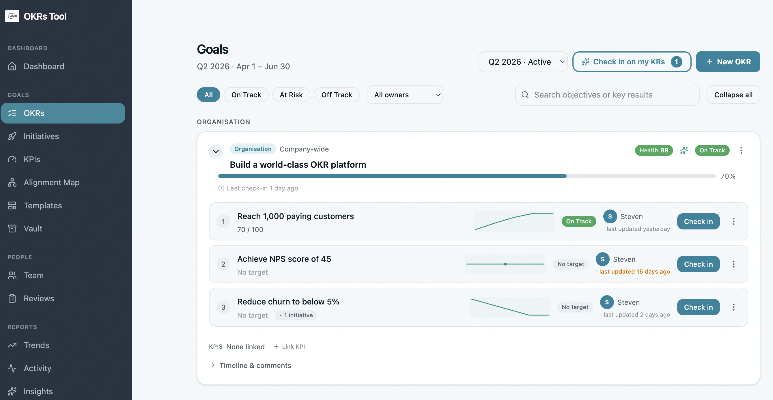 OKRs Tool Goals page