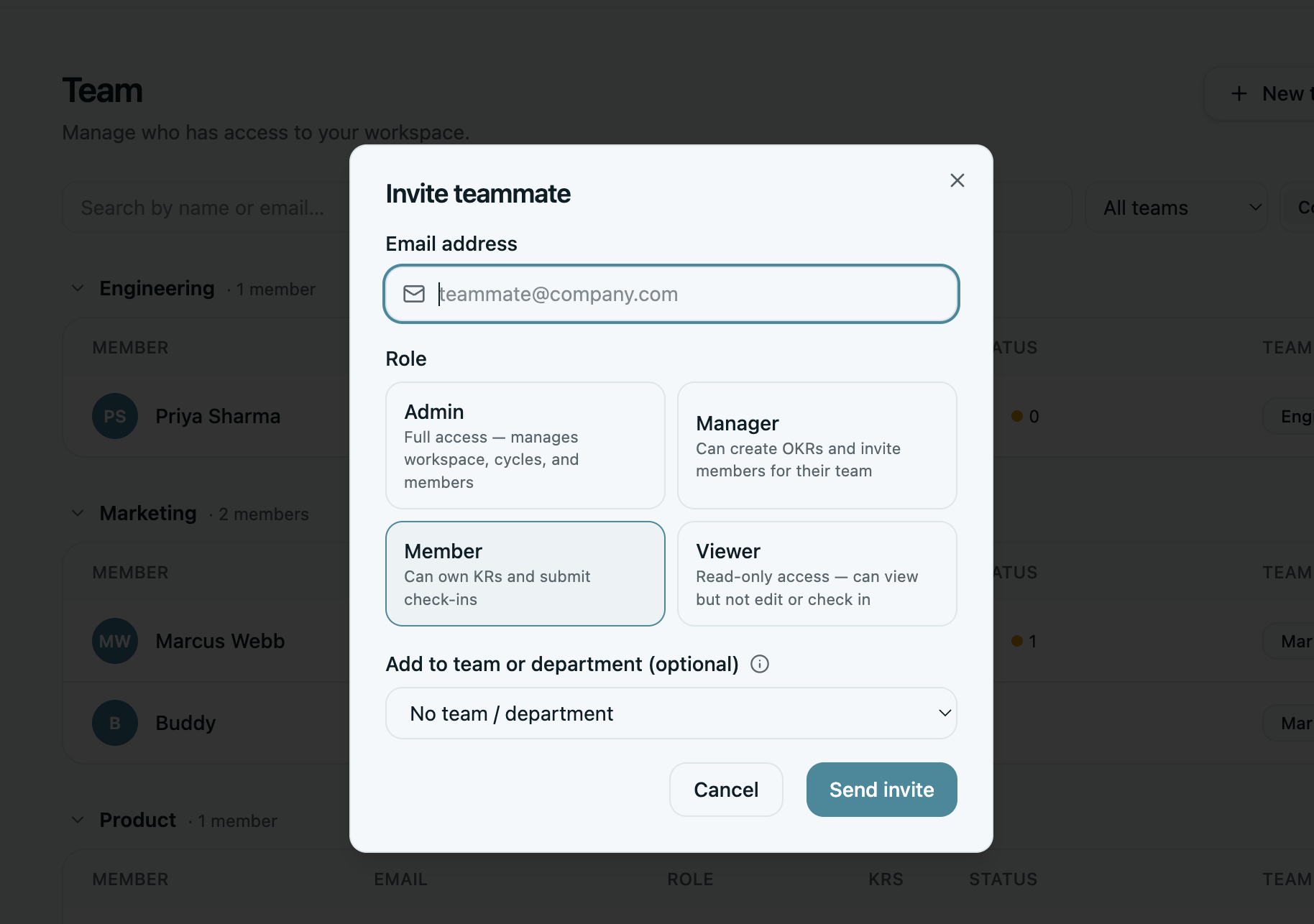 Invite your team to OKRs Tool
