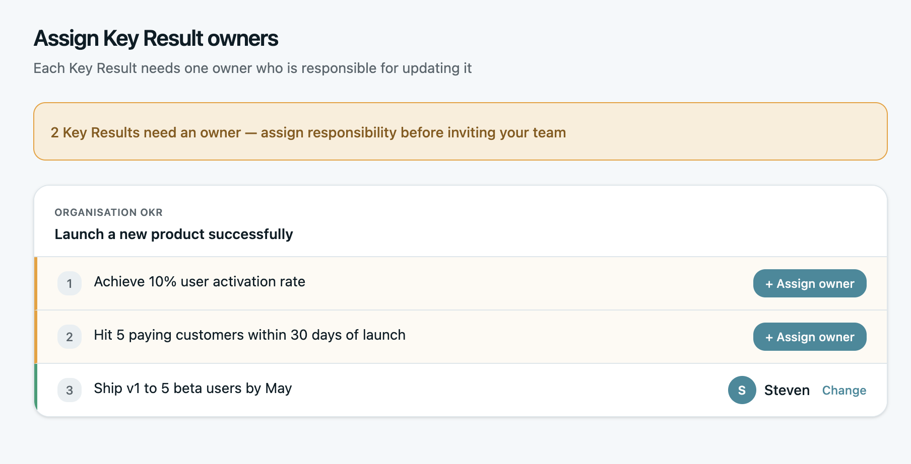 Assign one owner per Key Result