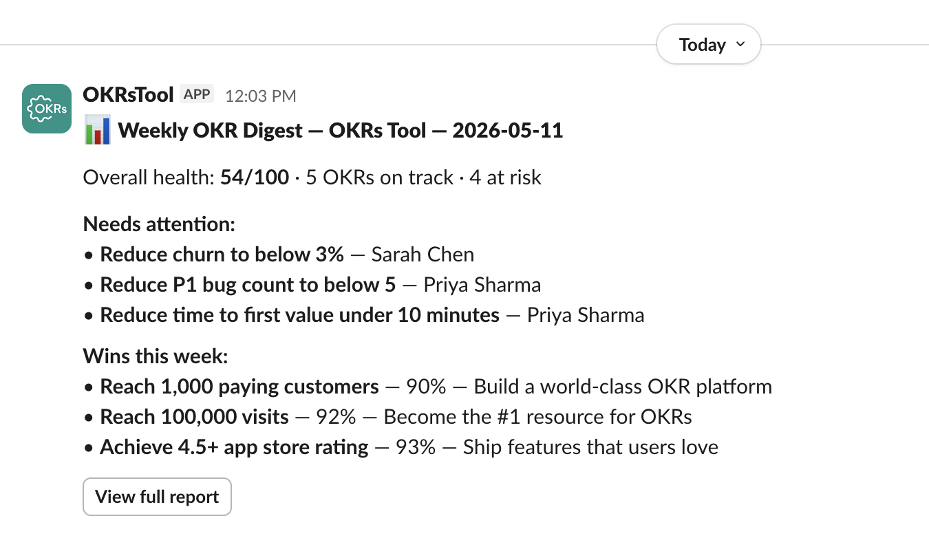 OKRs Tool Slack notification showing a Key Result update posted to a Slack channel