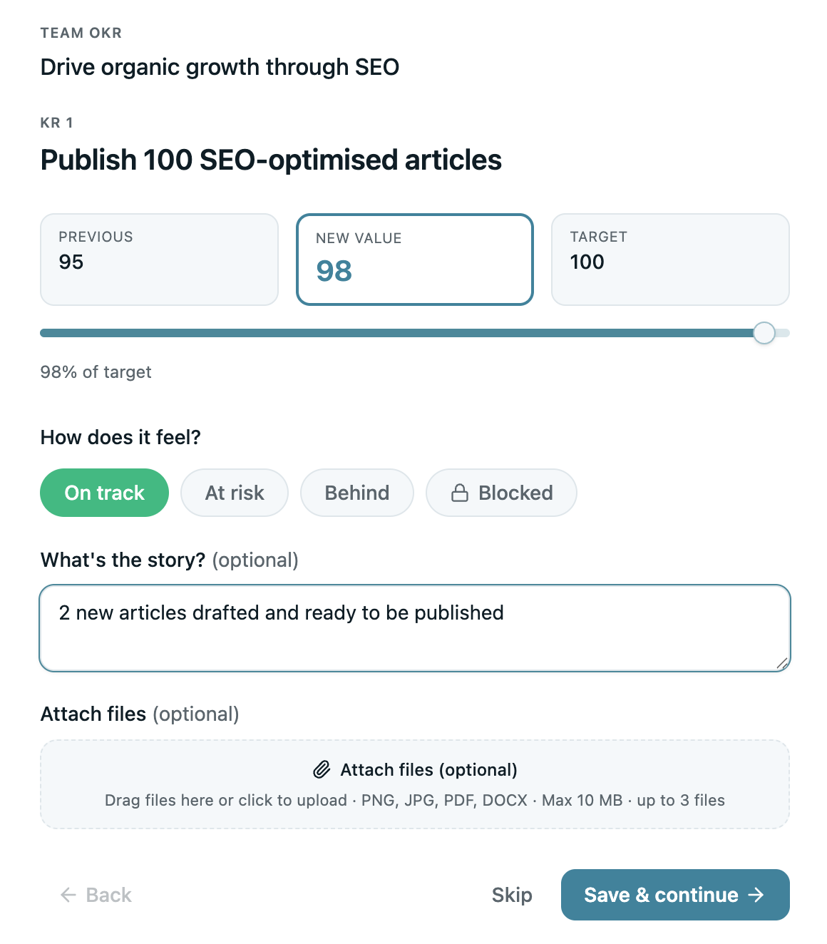 OKRs Tool weekly check-in flow
