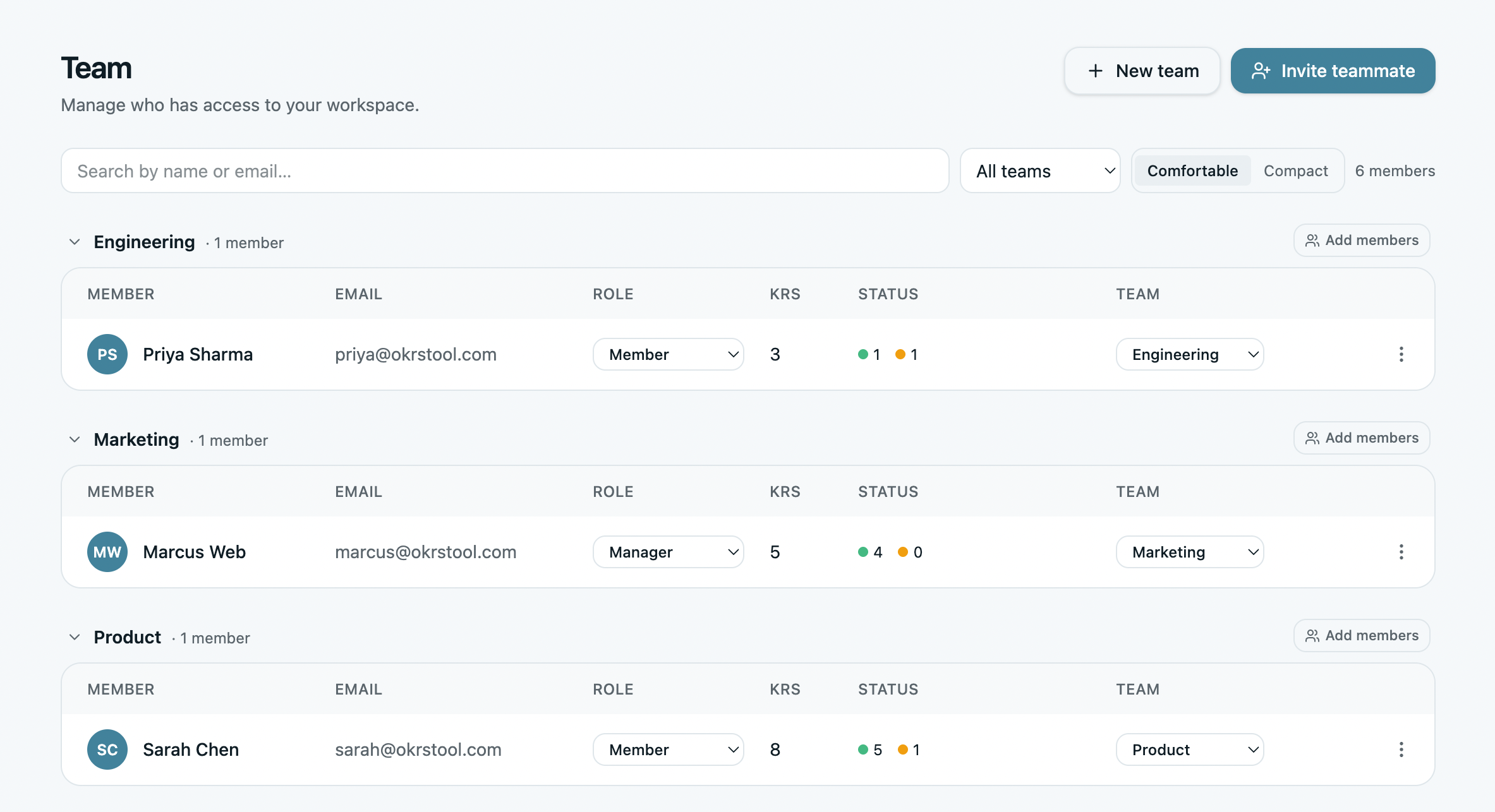 Team dashboard showing invited members