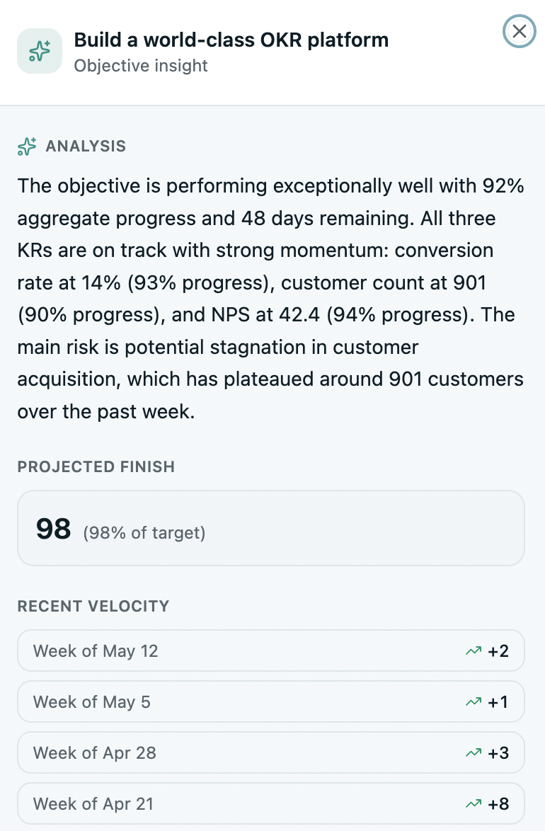 OKR Analysis: AI-generated objective insight with action items