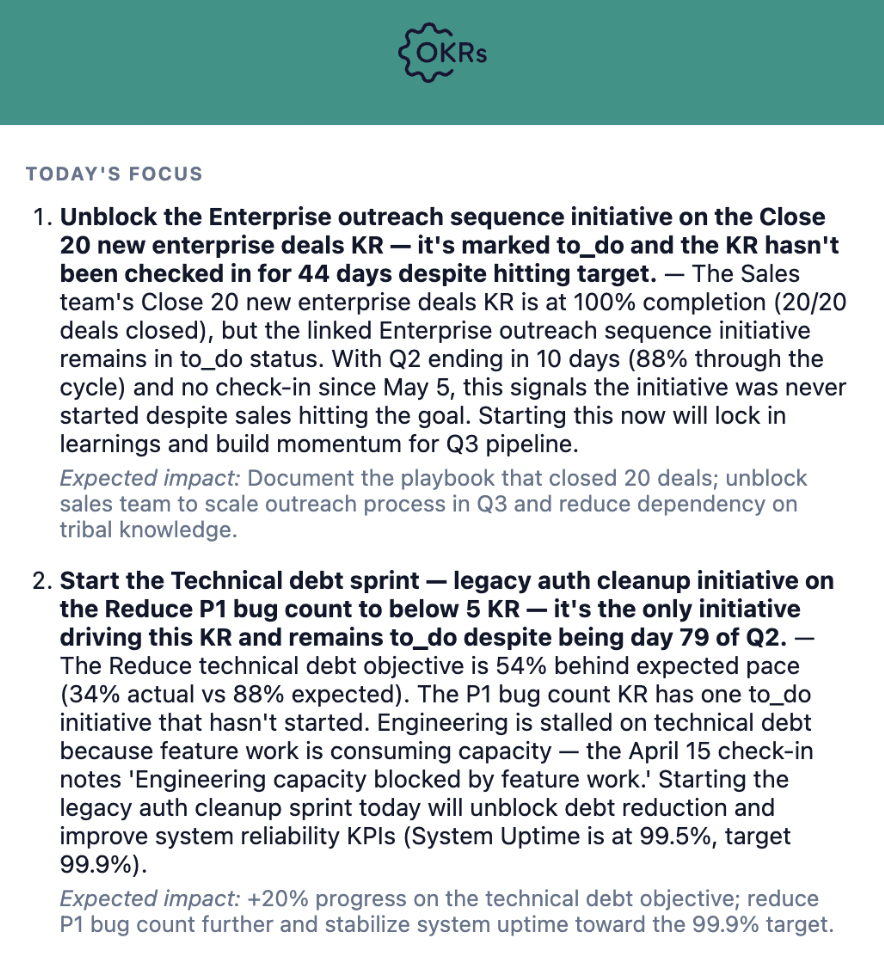 Daily Briefing: AI-generated morning email with OKR status and action items