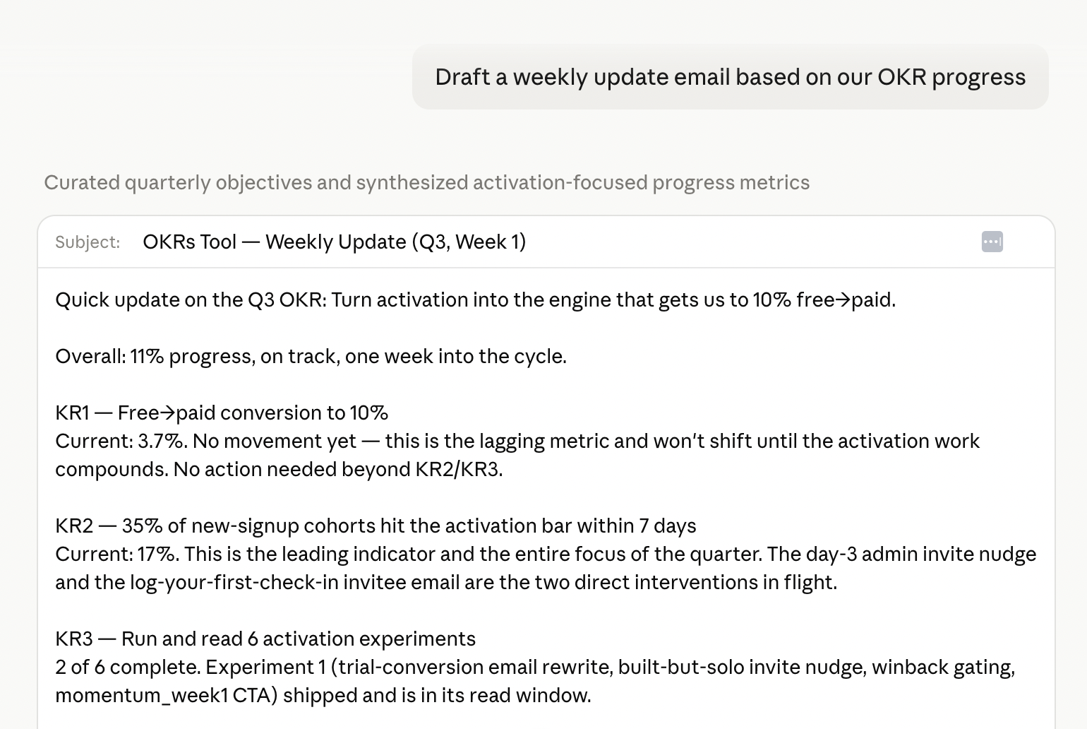 Claude drafting an email summary of OKR progress from live OKRs Tool data
