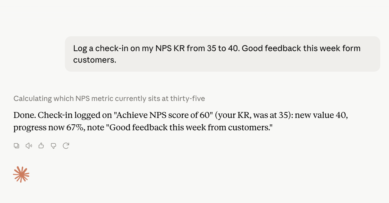Logging an OKR check-in from Claude using the OKRs Tool MCP server