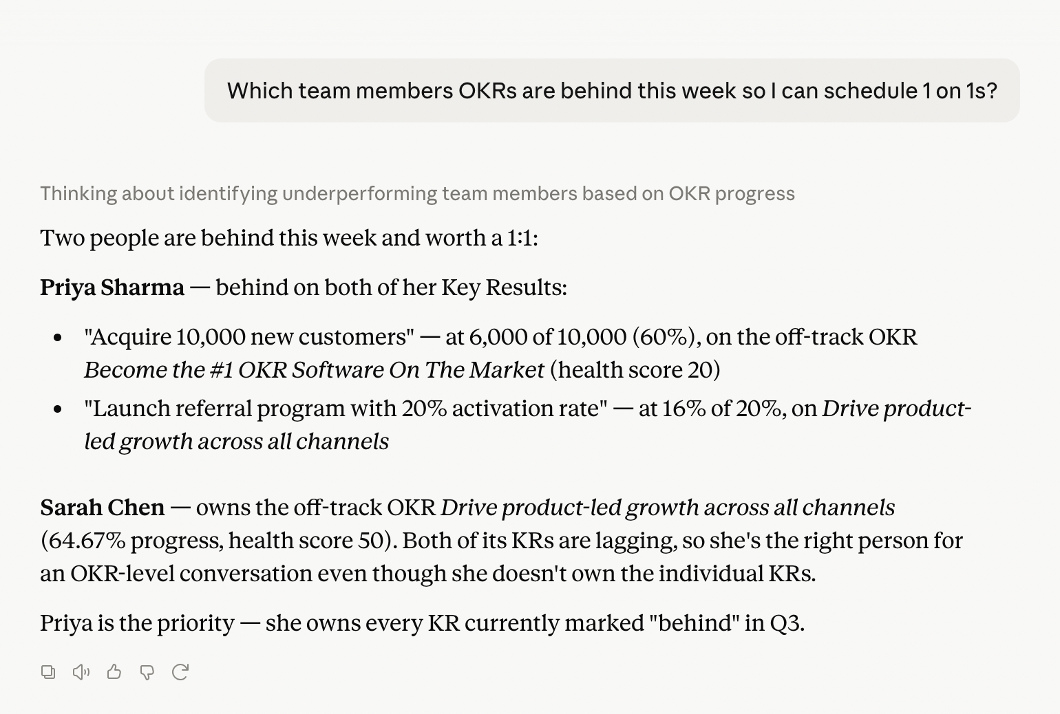 Claude identifying which teams are behind on their OKRs via OKRs Tool MCP