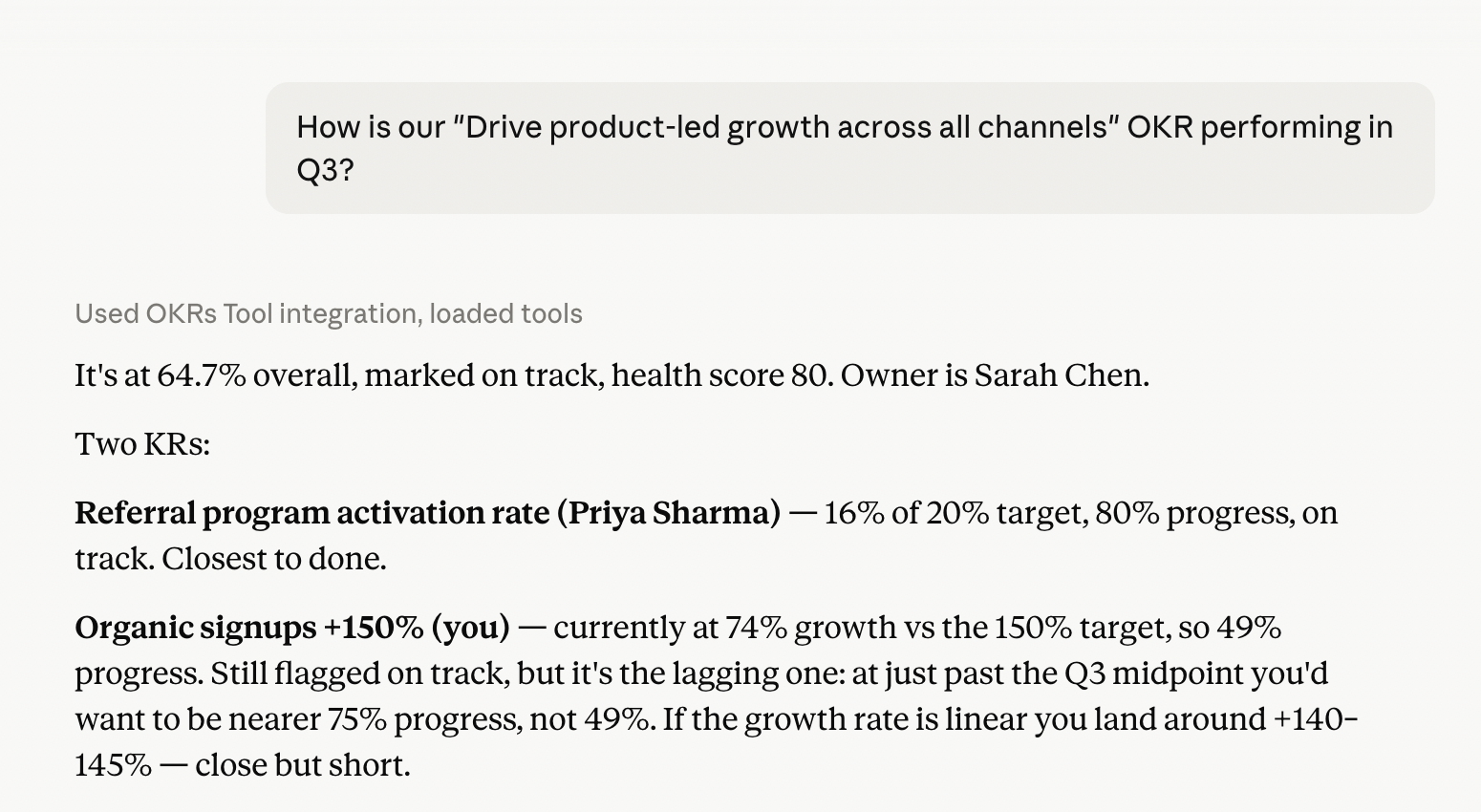 Claude summarizing OKR progress from OKRs Tool inside an AI workflow