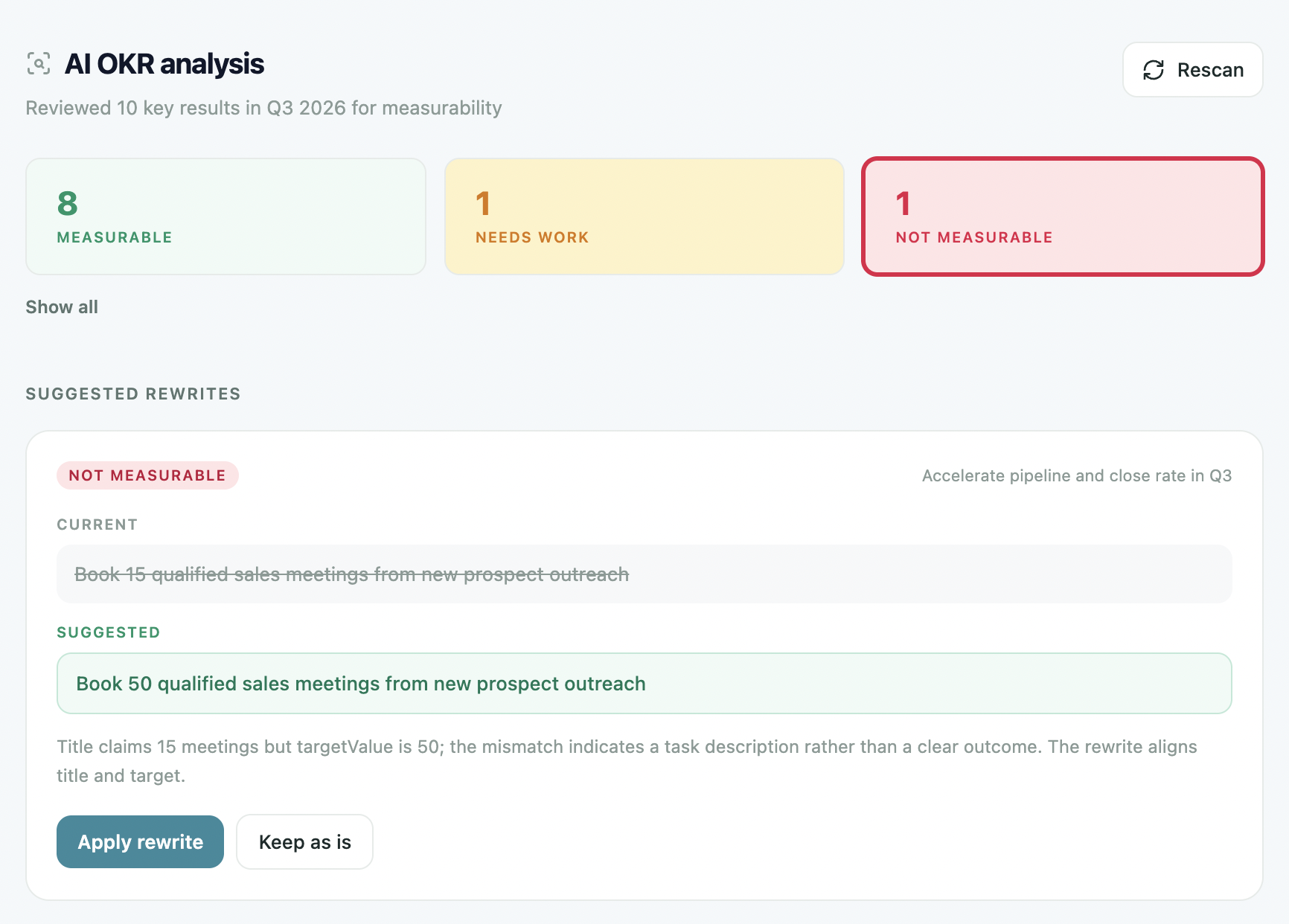 OKRs Tool OKR Analysis — scoring key results for measurability with suggested rewrites