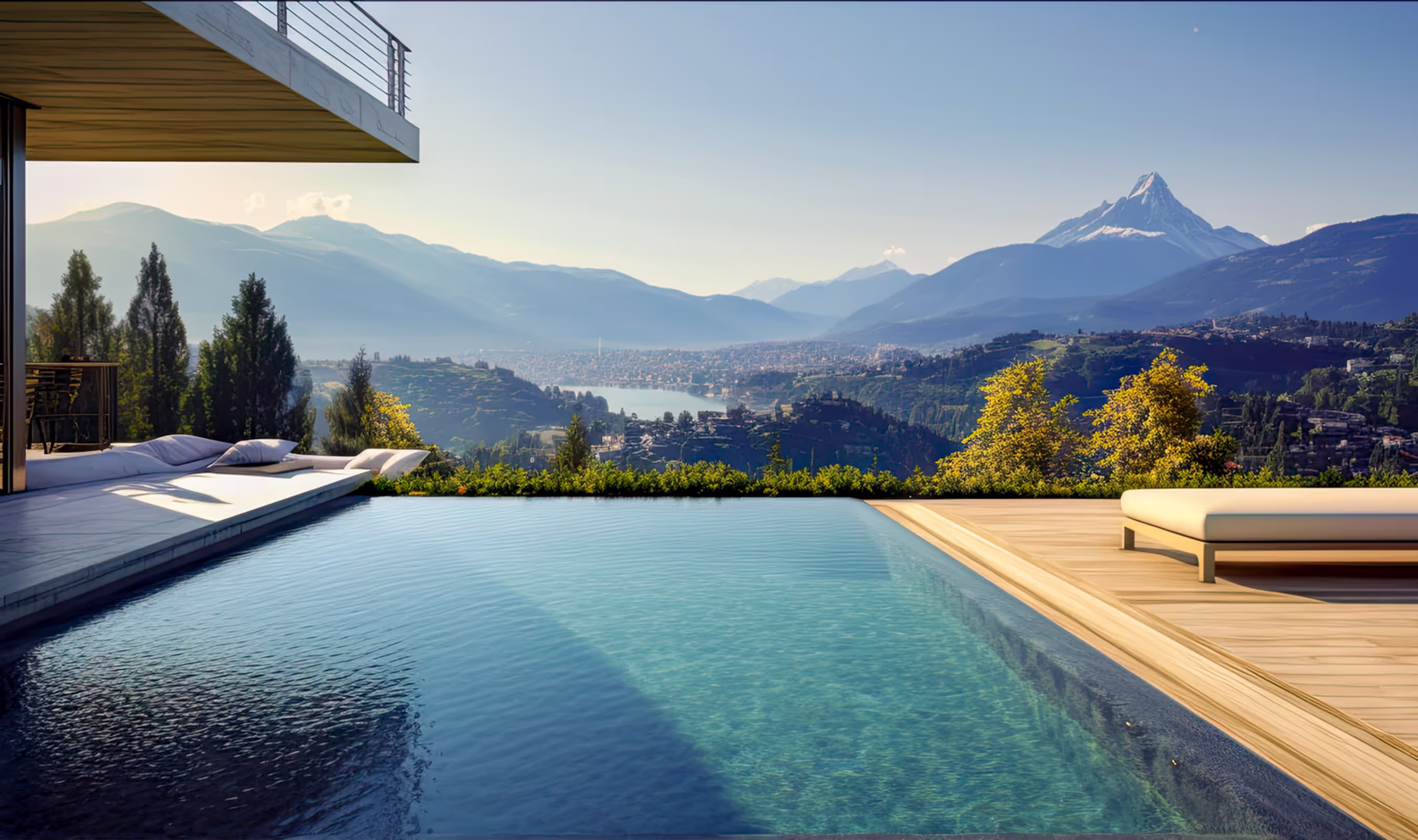 Infinitypool mit atemberaubendem Blick auf ein Bergpanorama und Tal, umgeben von einer Holzterrasse, produziert von einem Poolhersteller in Oberösterreich.