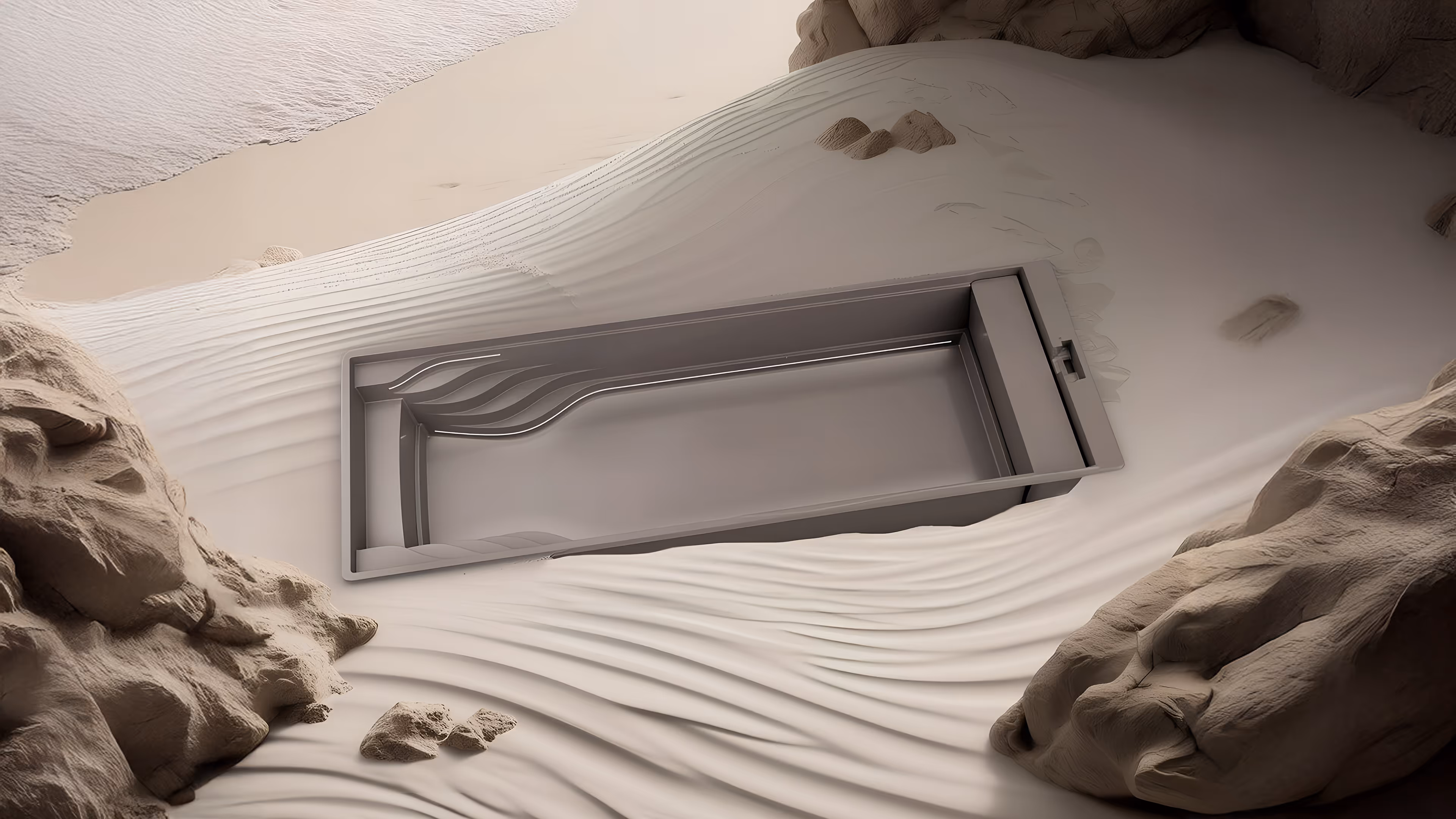 Rechteckiger Pool mit integrierter Liegefläche inmitten von Sand und Felsen am Strand.