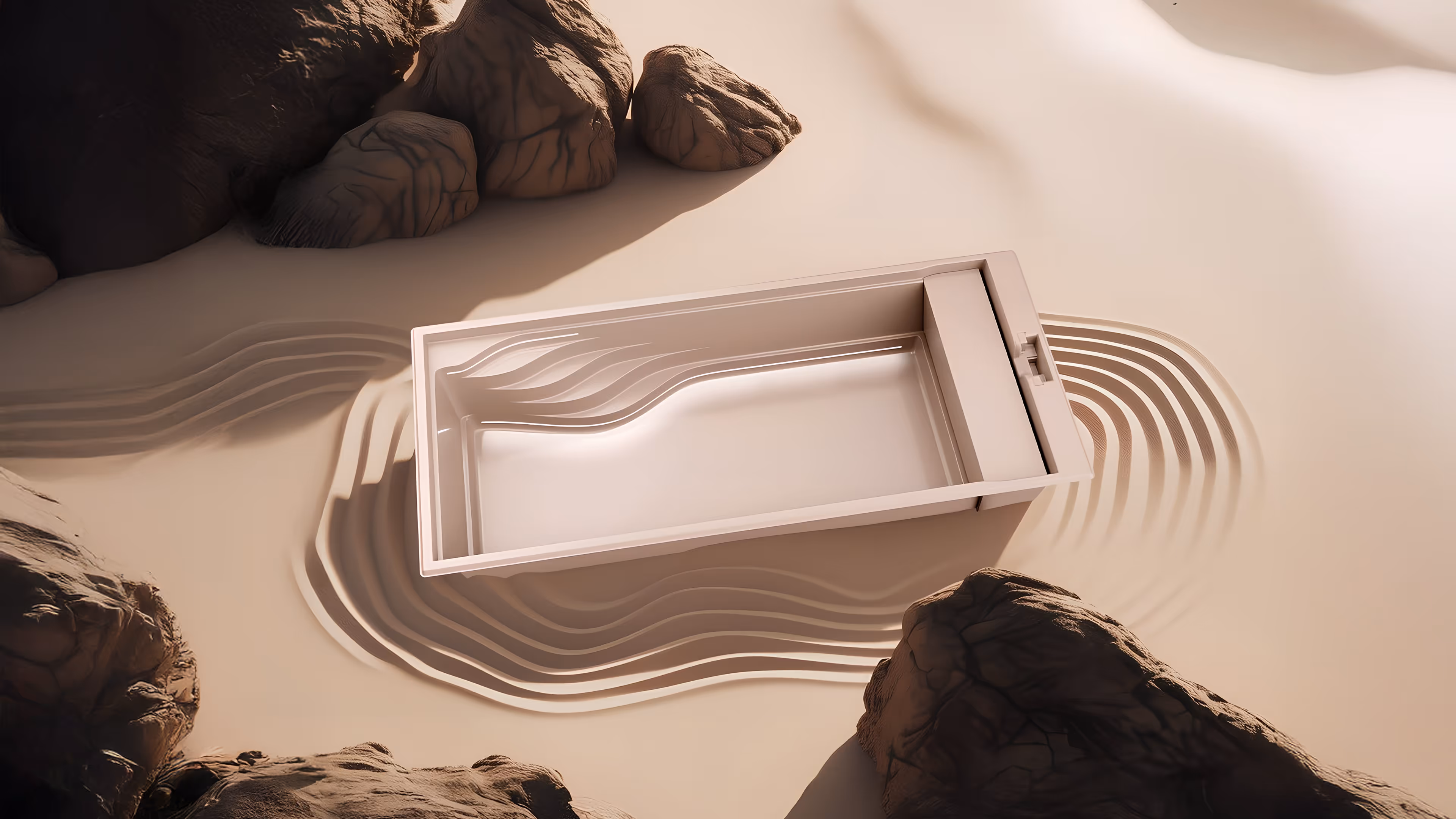 Moderne rechteckige Swimmingpool auf sandigem Terrain mit großen Felsen, mit wellenförmigem Sandmuster um den Pool.