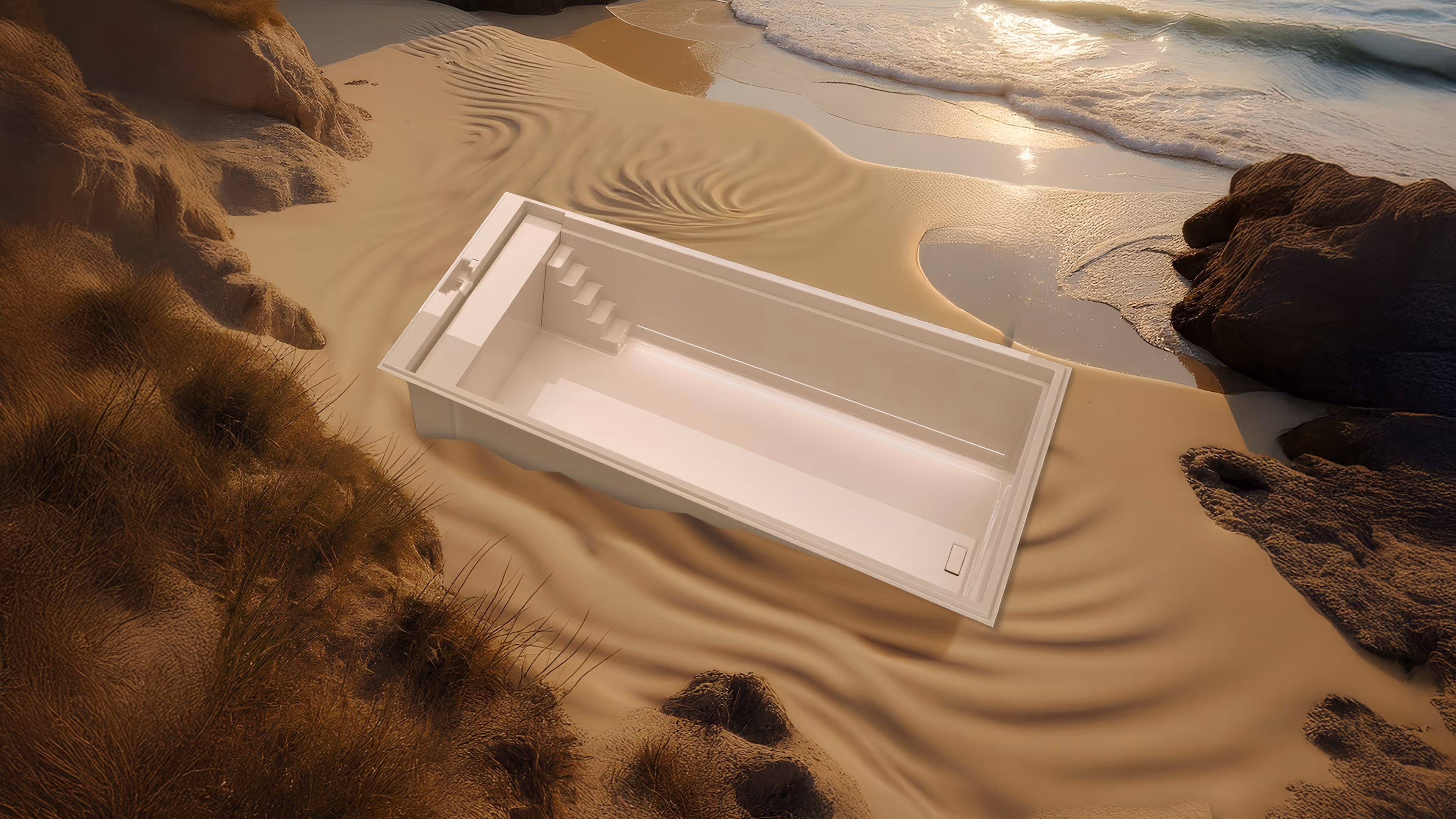 Leeres rechteckiges Schwimmbecken mit Treppe am Rand am Sandstrand bei Sonnenuntergang.