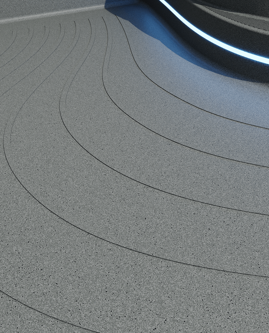 Grauer rutschfester Boden mit gebogenen Linien und blauem Lichtstreifen an der Ecke.