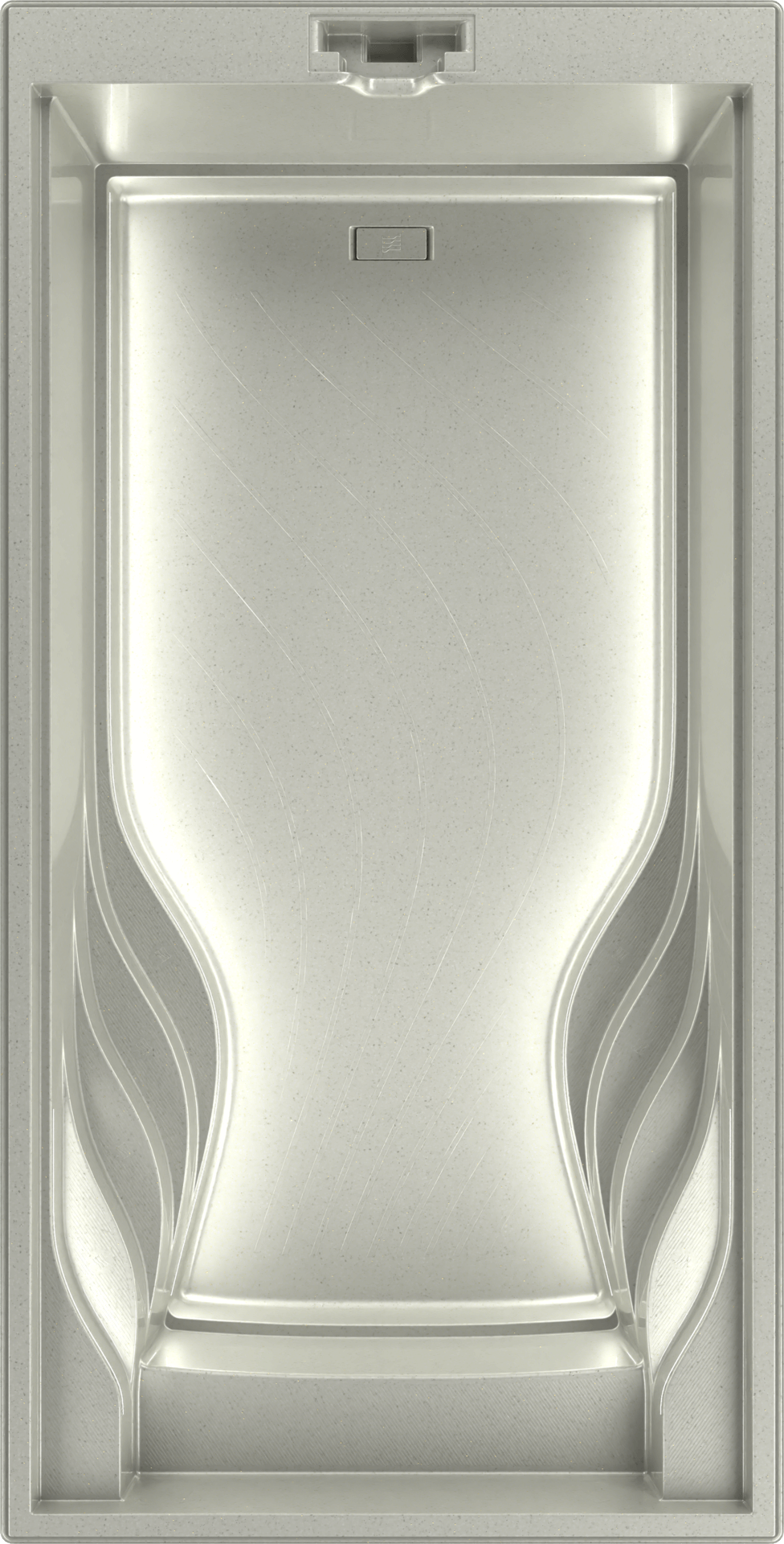 Obere Sicht auf eine einheitsfarbige, rechteckige Badewanne mit geschwungenen Seitenwänden.