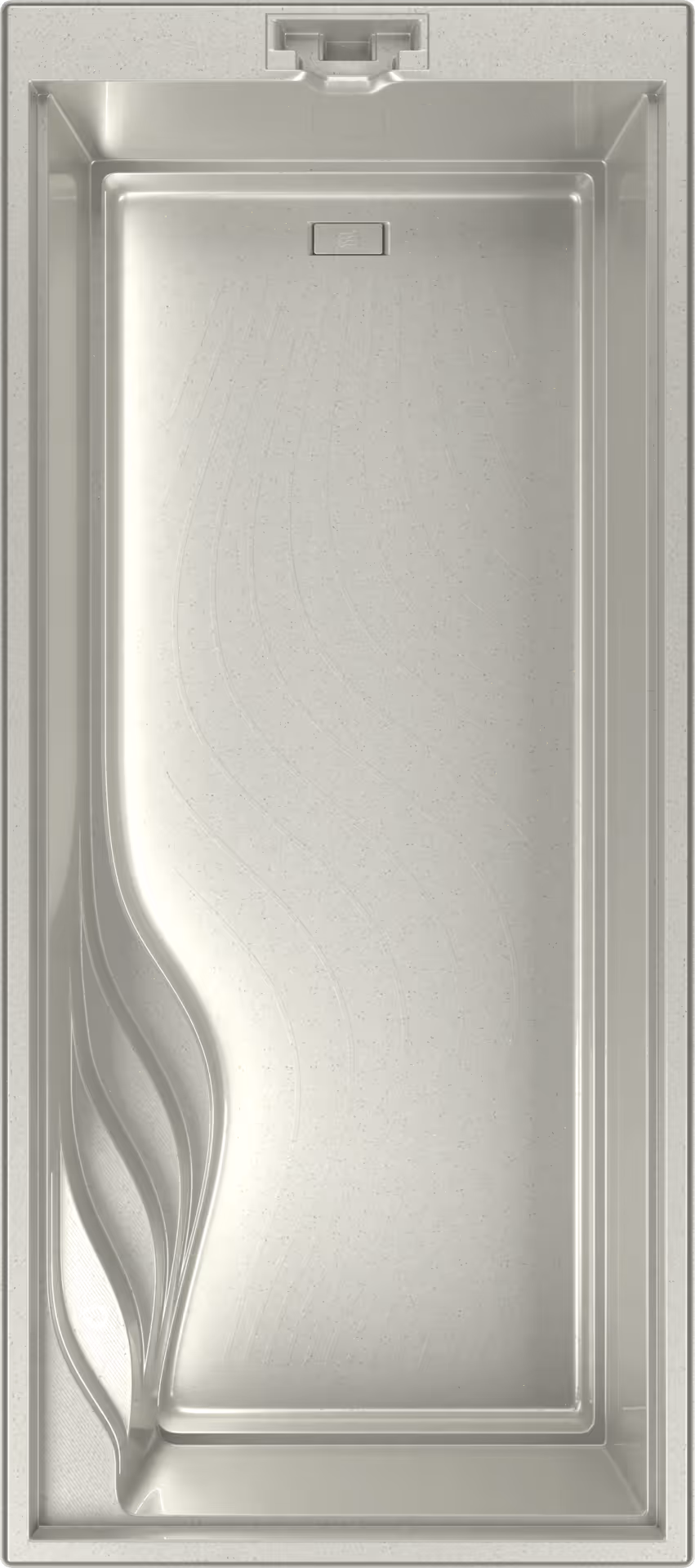 Ein modernes, rechteckiges, silbernes Waschbecken mit zwei geschwungenen Armauflagen links.