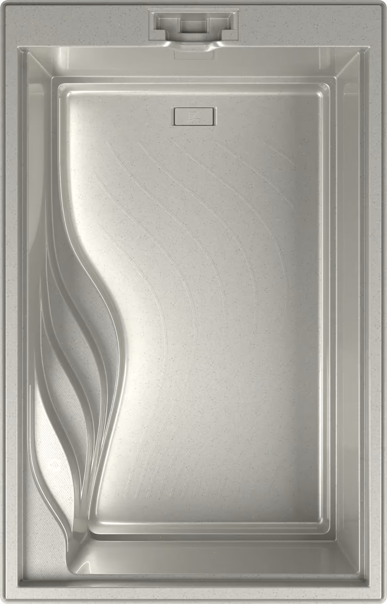 Moderner rechteckiger Pool mit geschwungenen Treppenstufen auf der linken Seite und einer glatten Wasseroberfläche.