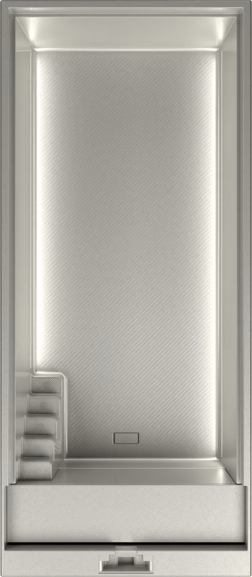 Rechteckiger Swimmingpool mit integrierten Stufen in der linken Ecke und einem rechteckigen Abfluss in der Mitte.