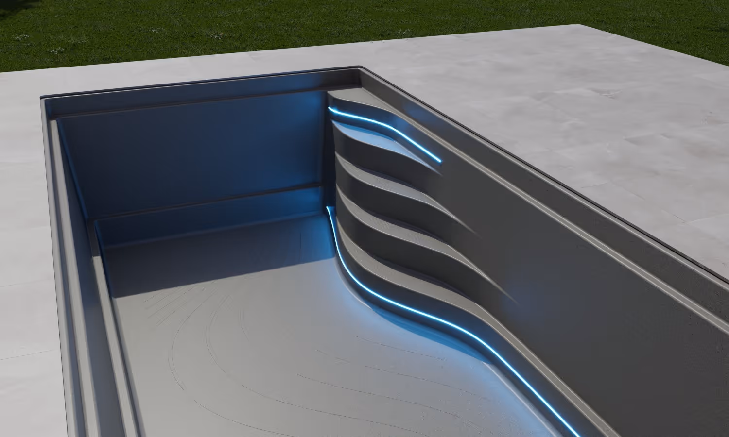 Schwarzer Pool mit geschwungenen LED-beleuchteten Stufen im Freien auf grauem Betonboden.