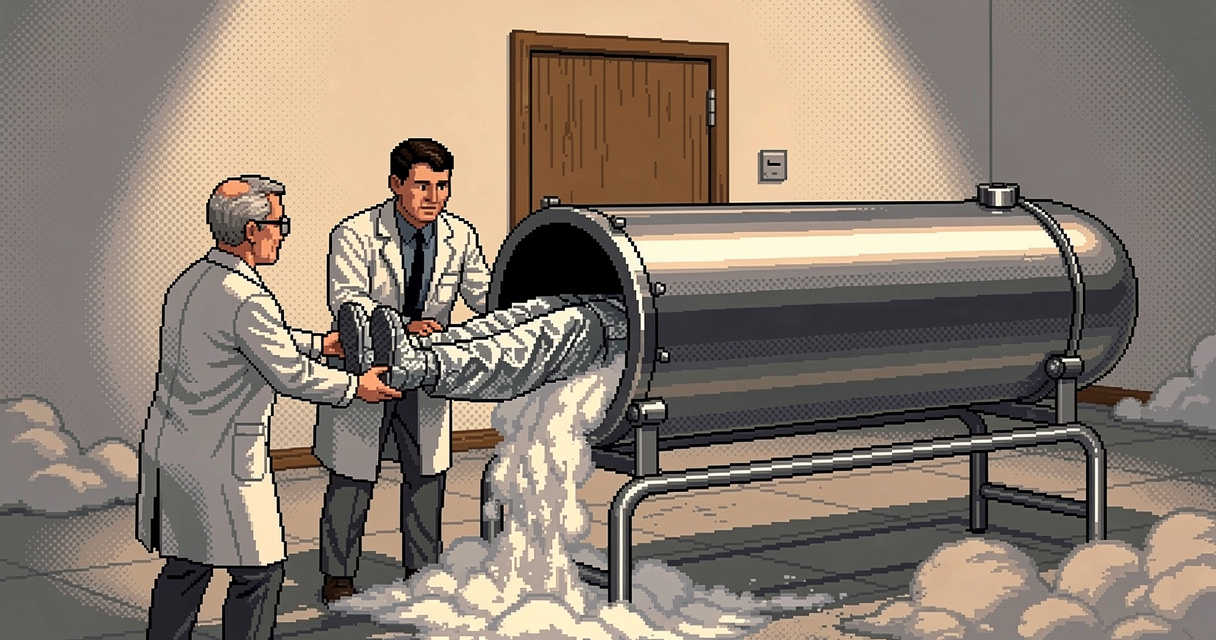 Pixel-art illustration of a 1960s cryonics laboratory: two technicians in white lab coats slide a foil-wrapped body feet-first into the open end of a horizontal stainless-steel cryonic cylinder as liquid-nitrogen vapor pours out, plain walls and a door behind them.