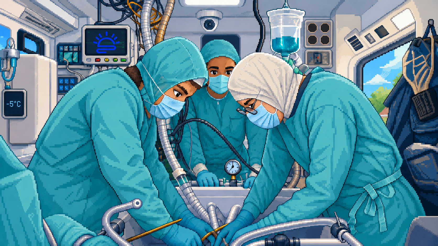 Pixel-art illustration of clinicians in teal surgical gowns performing cryonics field stabilization over the patient, with perfusion tubing and a vital-signs monitor inside the ambulance.