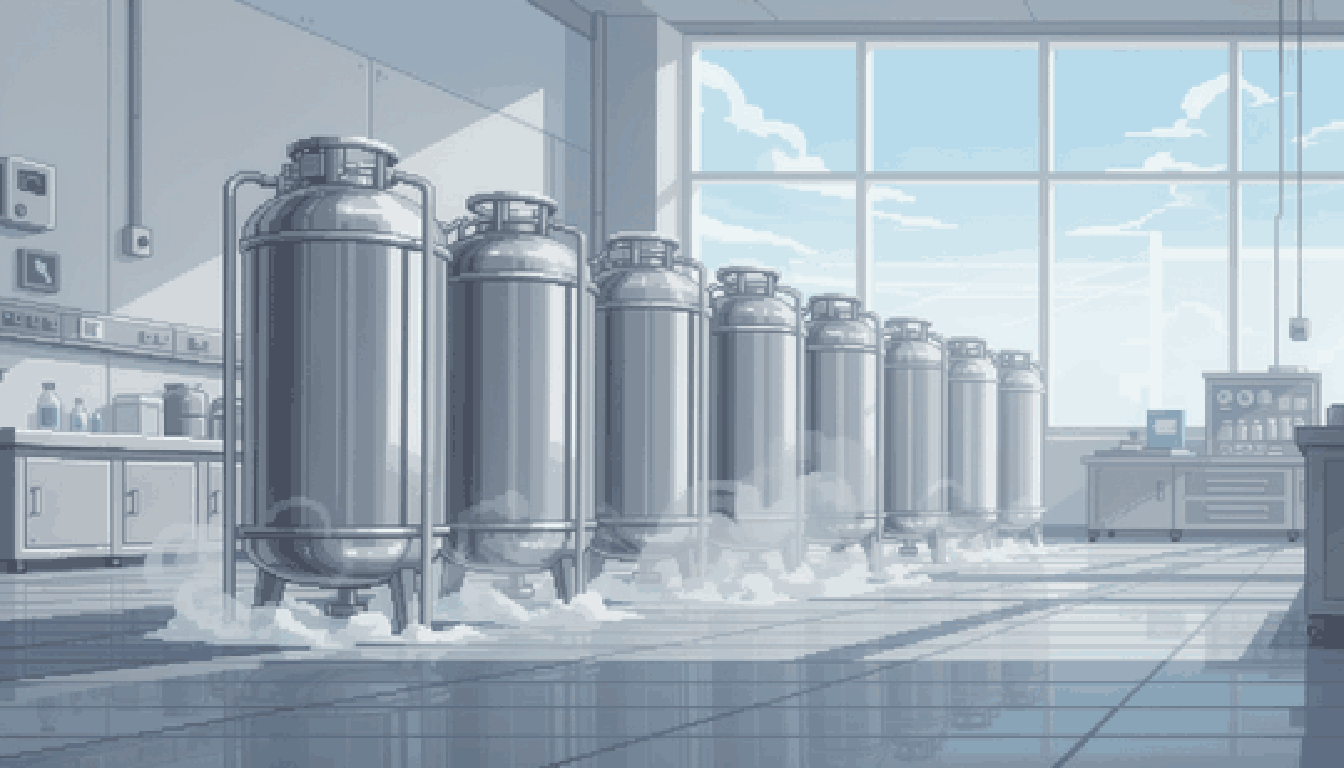 Pixel-art illustration of tall stainless-steel cryogenic storage dewars in a bright laboratory with liquid-nitrogen vapor.