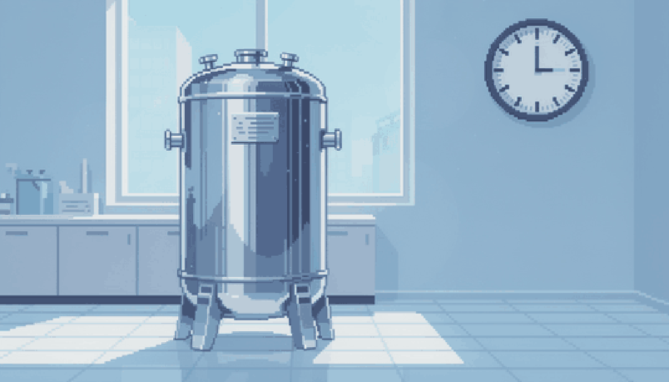 Pixel-art illustration of a stainless-steel cryopreservation dewar beside a wall clock in a bright facility.