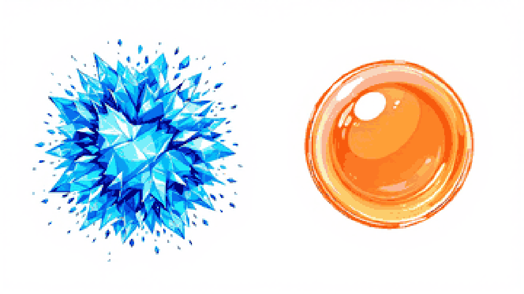 Pixel-art illustration: sharp jagged blue ice crystals on the left versus a smooth intact amber glass sphere on the right, showing why freezing destroys tissue while vitrification preserves it.