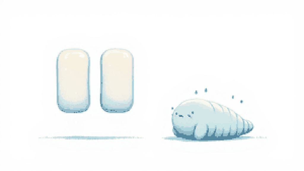 a calm, cute tardigrade (water bear) floating beside a large paused-pause symbol made of two soft rounded bars, suggesting biological life gently put on pause