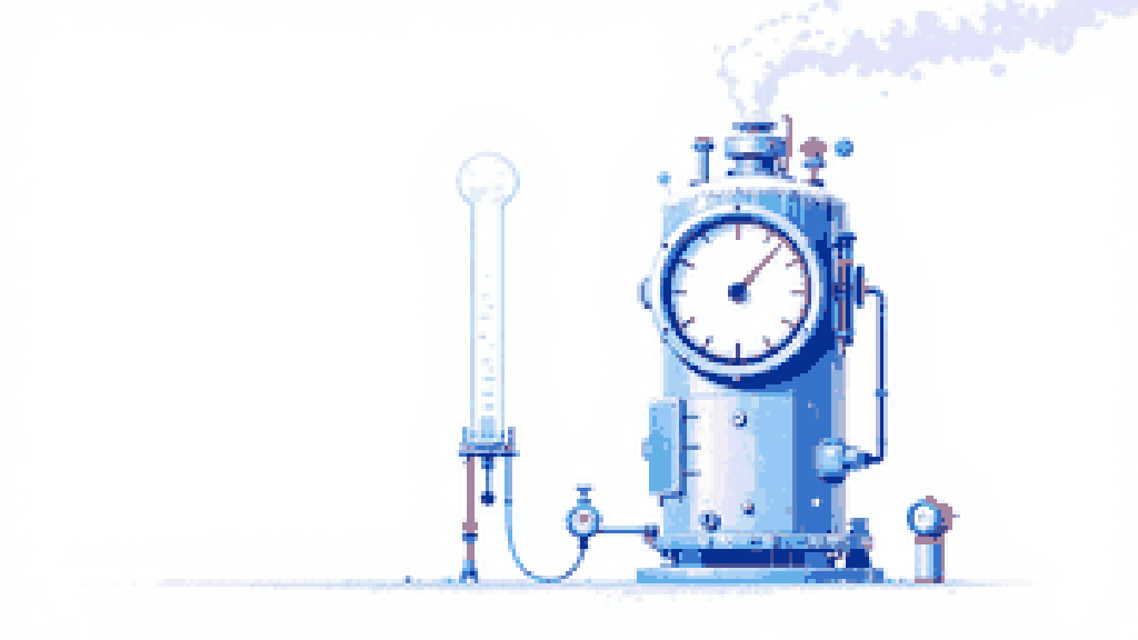 a tall vacuum-insulated cryogenic storage flask with cold white vapor spilling over the top and a large round temperature dial pointing to a deep-cold mark, frost on the metal