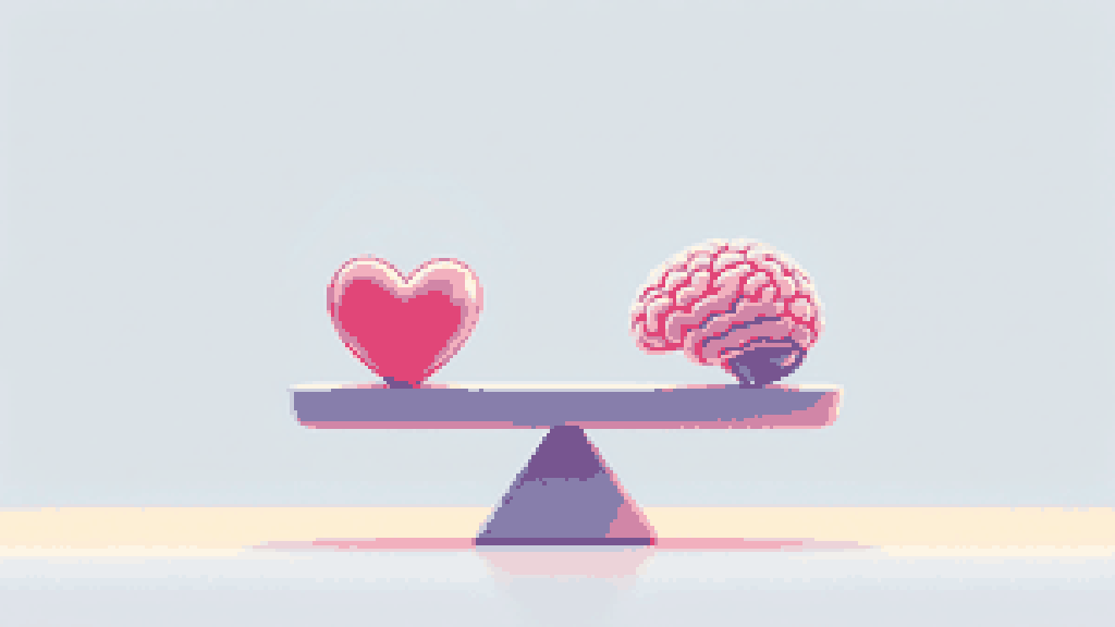 a balance scale with a small soft heart on one side and a stylized brain on the other, sitting level and calm