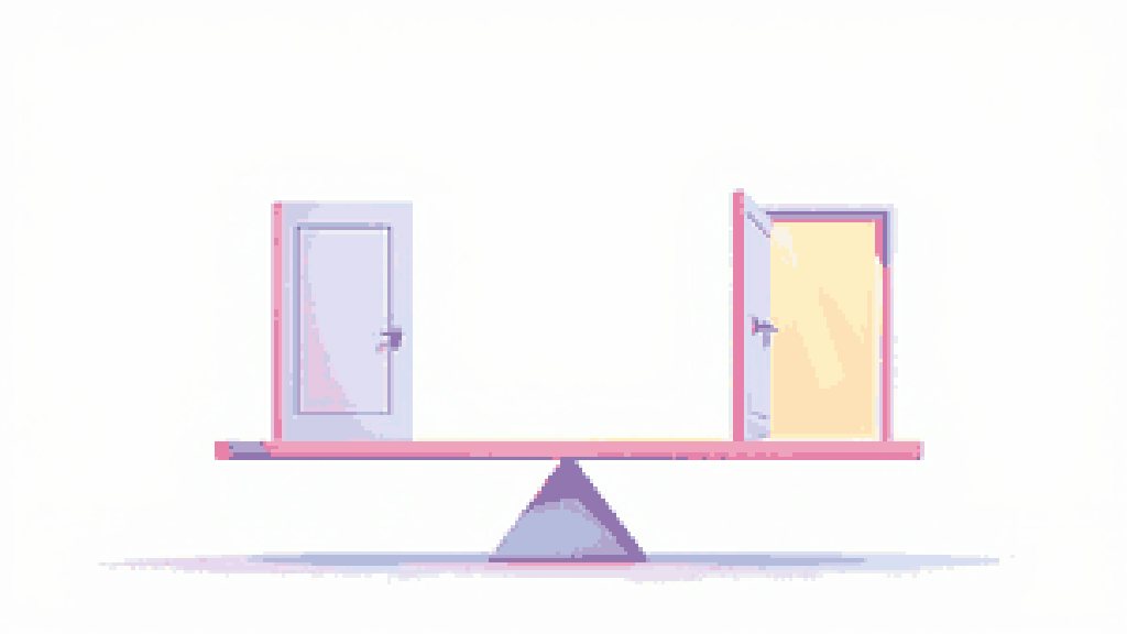 a balanced scale weighing a closed solid door on one pan against a slightly open door with warm light spilling through on the other